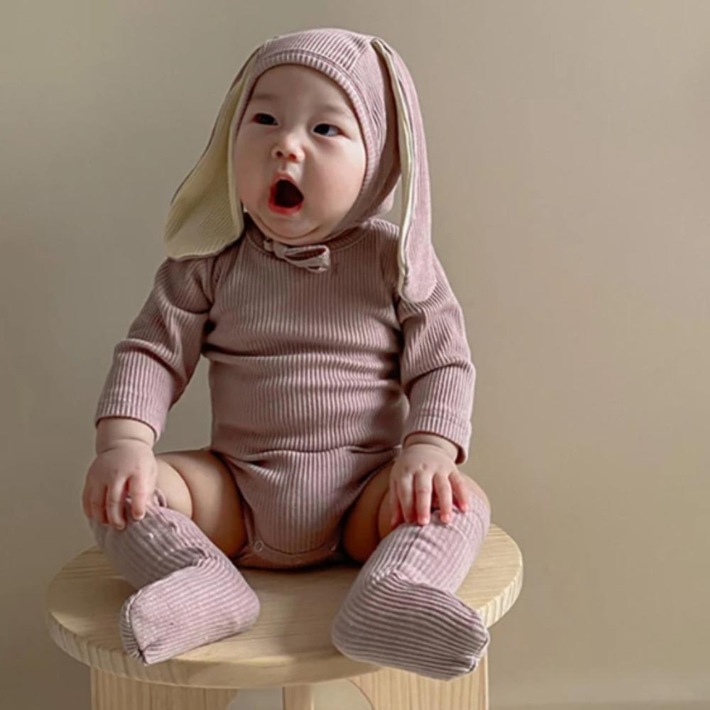 Ribbed Texture Bunny Costume Cotton Solid Baby Bodysuit Rabbit Romper Sets  Infant Girls