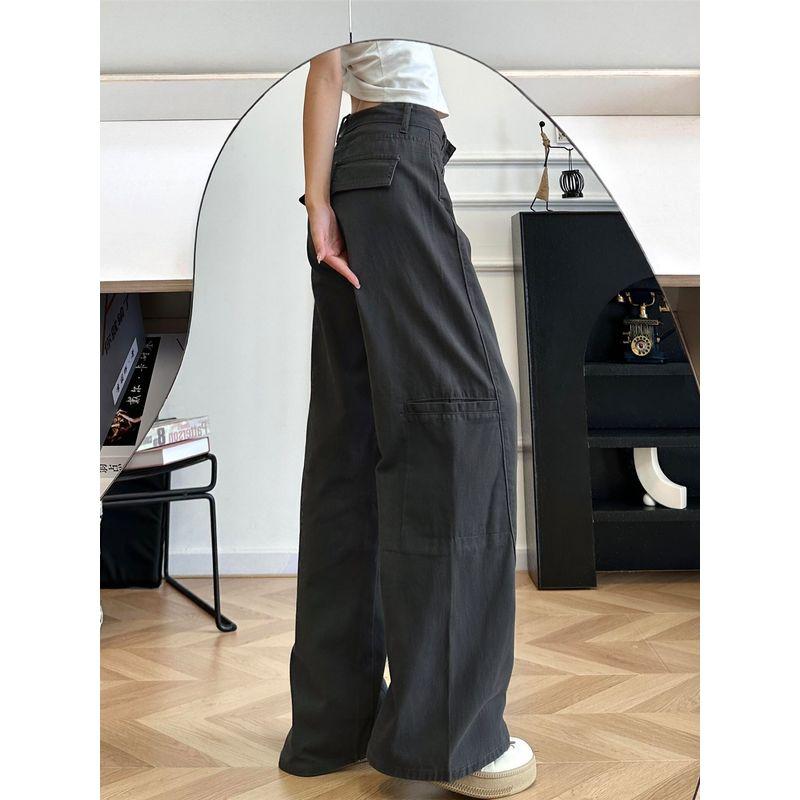 Gray Wide-Leg Cargo Pants for Women, New Summer Style for Plus-Size Girls, Pear-Shaped Body, High-Waisted, Loose Fit, Slimming Casual Pants