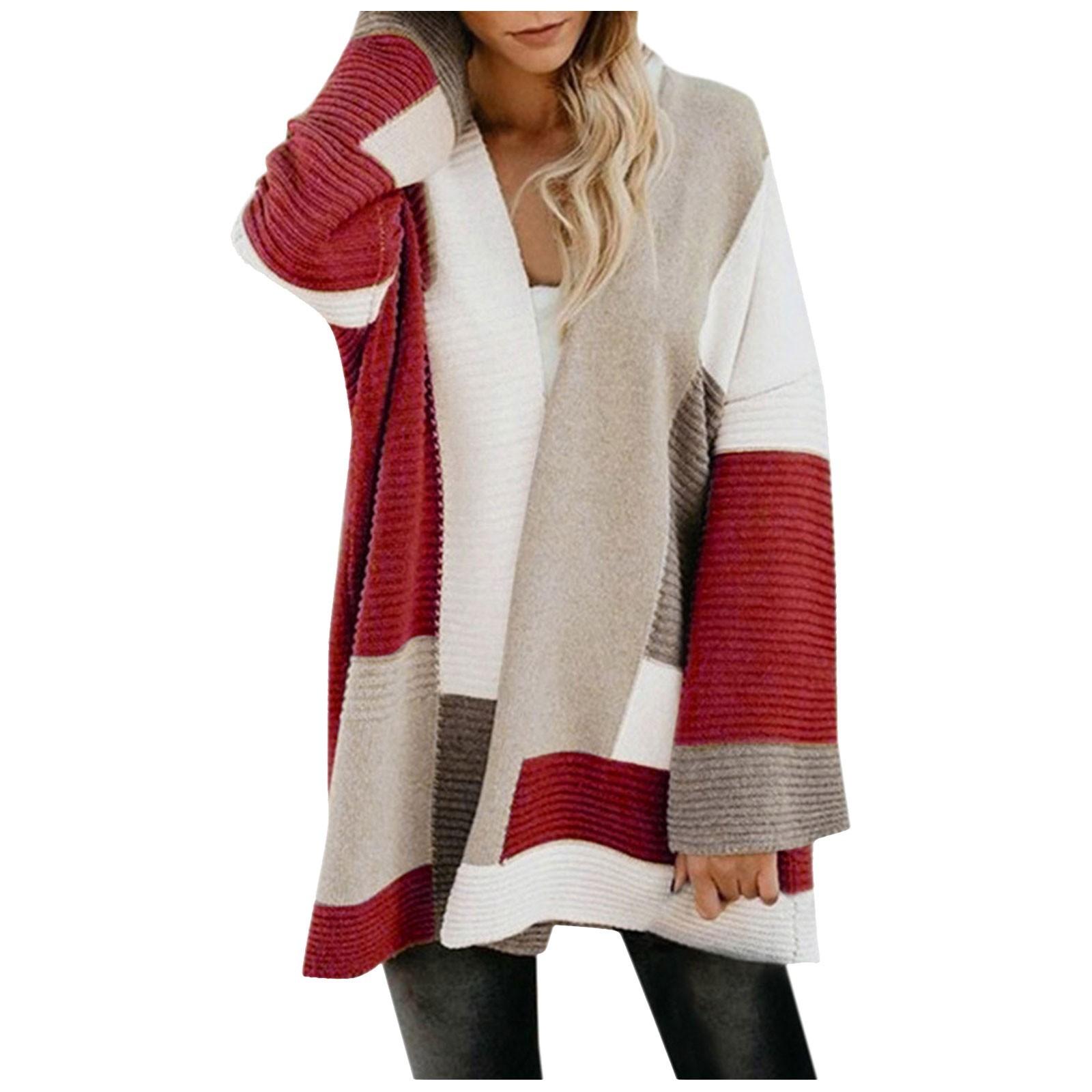 

Женская мода Повседневный открытый спереди Длинный рукав Кардиганы крупной вязки Свитера Верхняя одежда Пальто XL винный