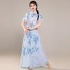 Women's Chinese Traditional Dance Dress, Bamboo Print Cheongsam Style Flowy Practice Costume For Tea Art & Folk Dance