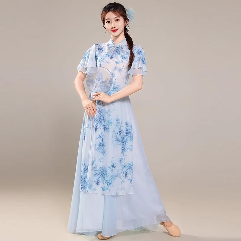 Women's Chinese Traditional Dance Dress, Bamboo Print Cheongsam Style Flowy Practice Costume For Tea Art & Folk Dance