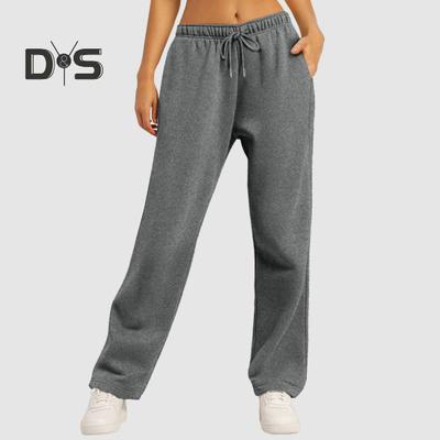 Women Fall Winter Pants Drawstring Elastic Waist Wide Leg Loose Soft Solid Color Pockets High Waist Soft Breathable Full Length Sports Trousers Yoga