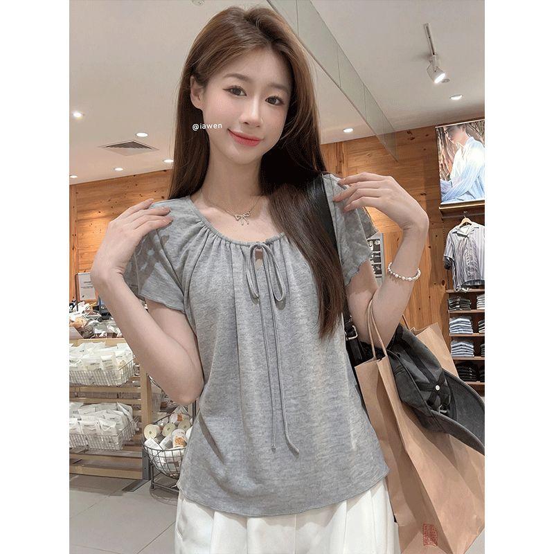 Design Sense Niche Lace-up White Short-sleeved T-shirt Women's New Summer Korean Chic Chic Loose Casual Top