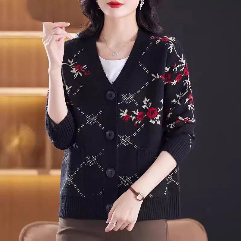 

Осенний жаккардовый короткий вязаный кардиган куртка женская зимняя новая с длинными рукавами цветочный вязаный свитер пальто женские свободные трикотажные топы 4XL чёрный