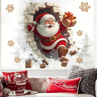 Adesivos de Parede Papai Noel Yousheng Natal Papai Noel Quebrando Parede de Tijolos Decalque Engraçado Ilusão 3D Acento Adesivo para Decoração de Festa de Fim de Ano em Casa Sala de Estar