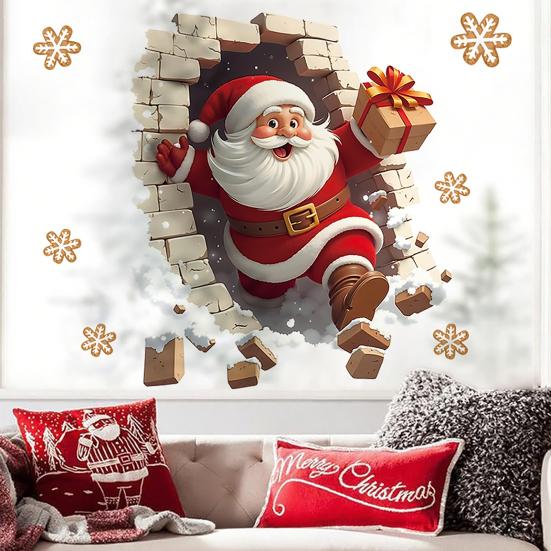 Yousheng Santa Claus Wall Stickers Christmas Santa Breaking Brick Wall Decal Funny 3D Illusion Accent Cling for Holiday Home Party Living Room Decor