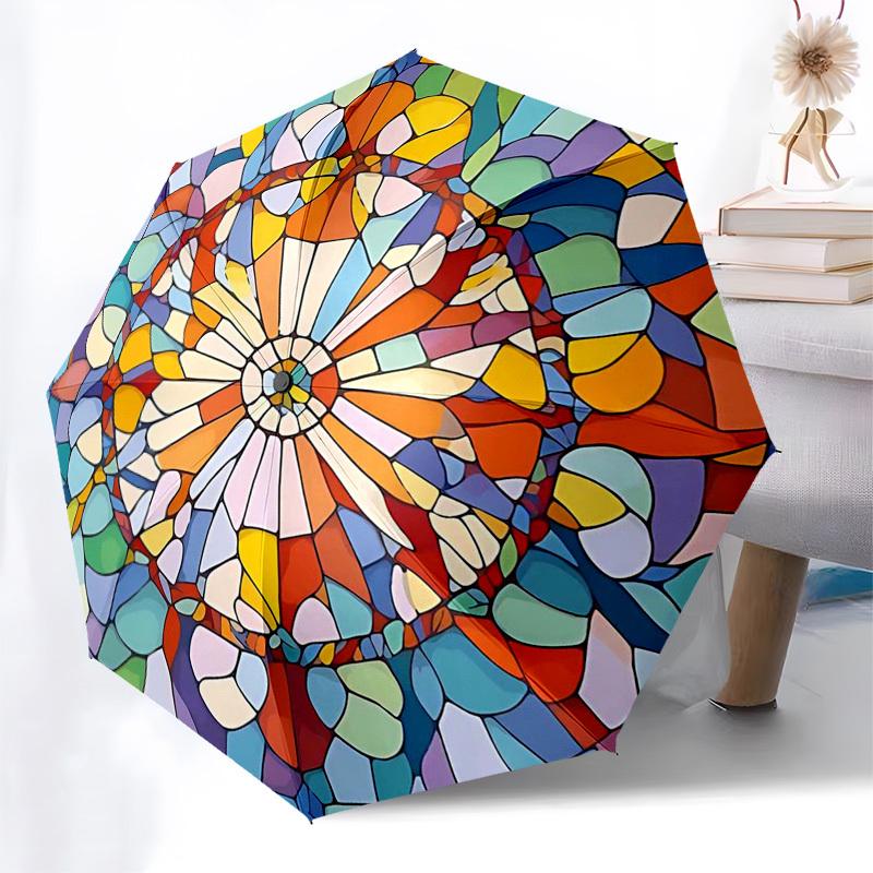

1pc Colorful Stained Glass Mandala Design Automatic Folding Umbrella with 3-Fold Design, 8-Bone Iron Frame, Outdoor, Perfect Gift for Fans, Travelers,