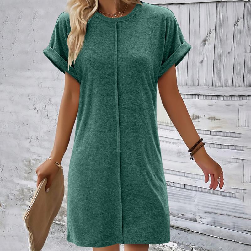 Spring and Summer Women's Fashion Round Neck Solid Colour Short Sleeve Loose Dresses
