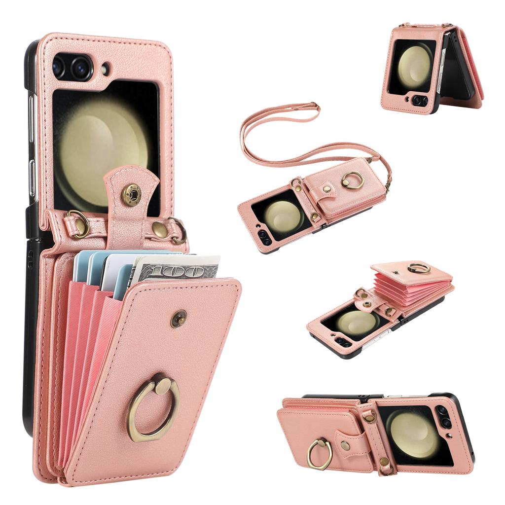 For Samsung Galaxy Z Flip7 5G Case Card Holder Ring Kickstand TPU+PU Leather Phone Cover with Long Strap