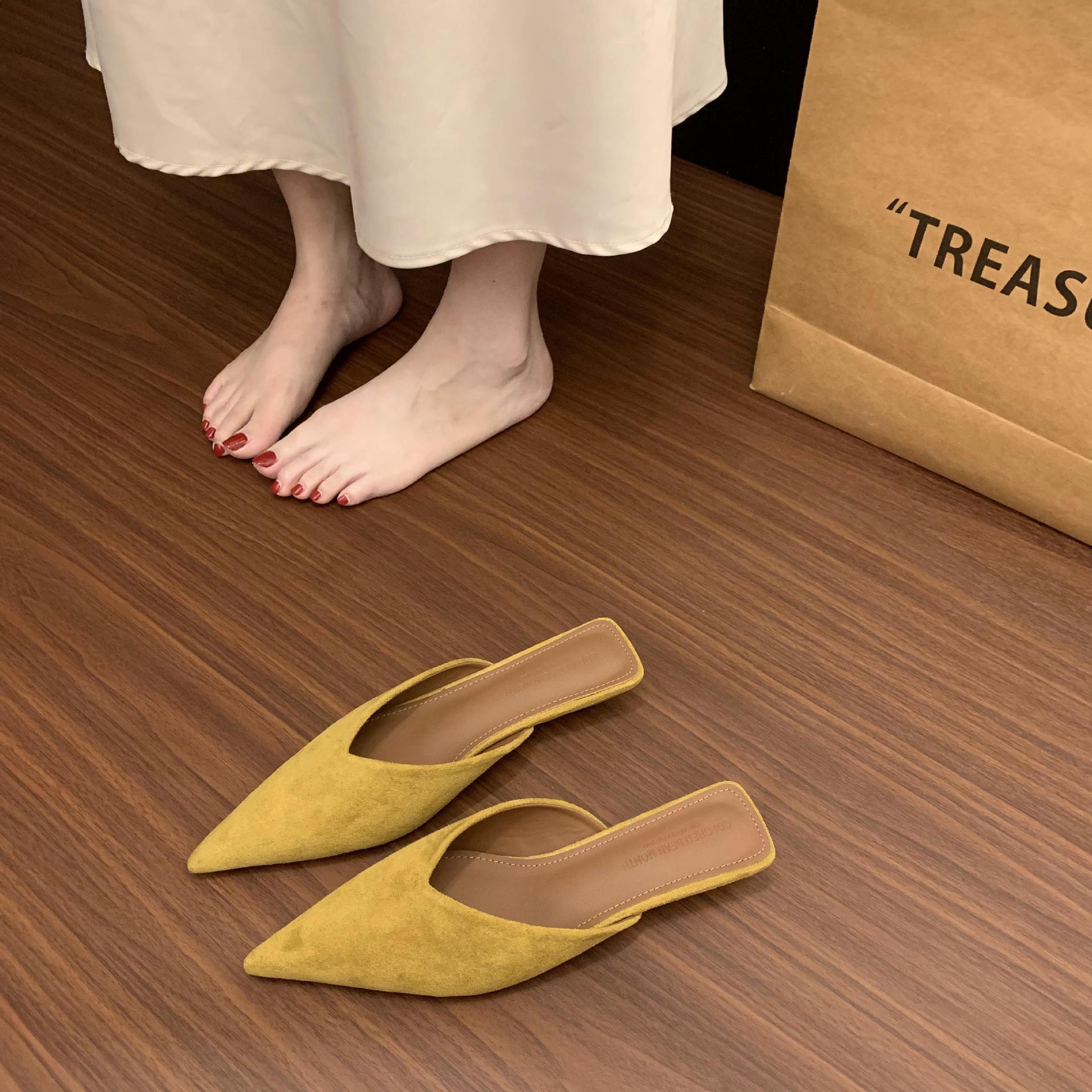 

Вариант из овчины! 3 см темпераментная сумка голова полушлепки уличная обувь женская обувь 2025 новый летний тонкий каблук остроносые сандалии 40 жёлтый