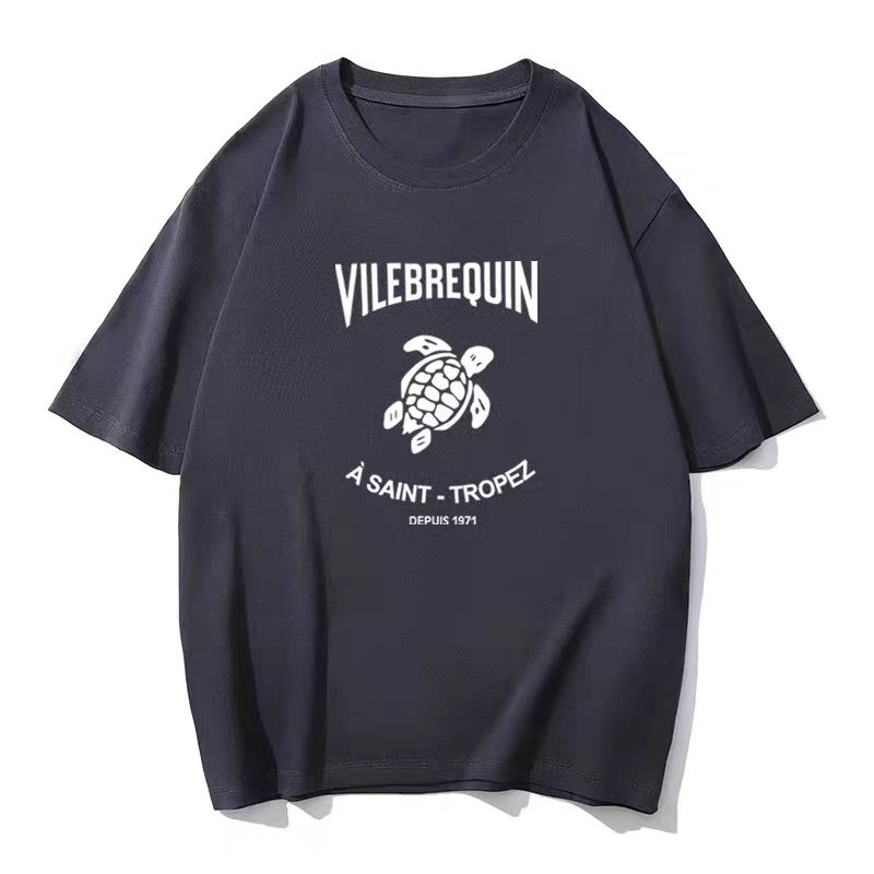Francuski Żółw Morski Vilebrequin Koszulka z Krótkim Rękawem Męska Marka Modowa z Nadrukiem Okrągły Dekolt Para