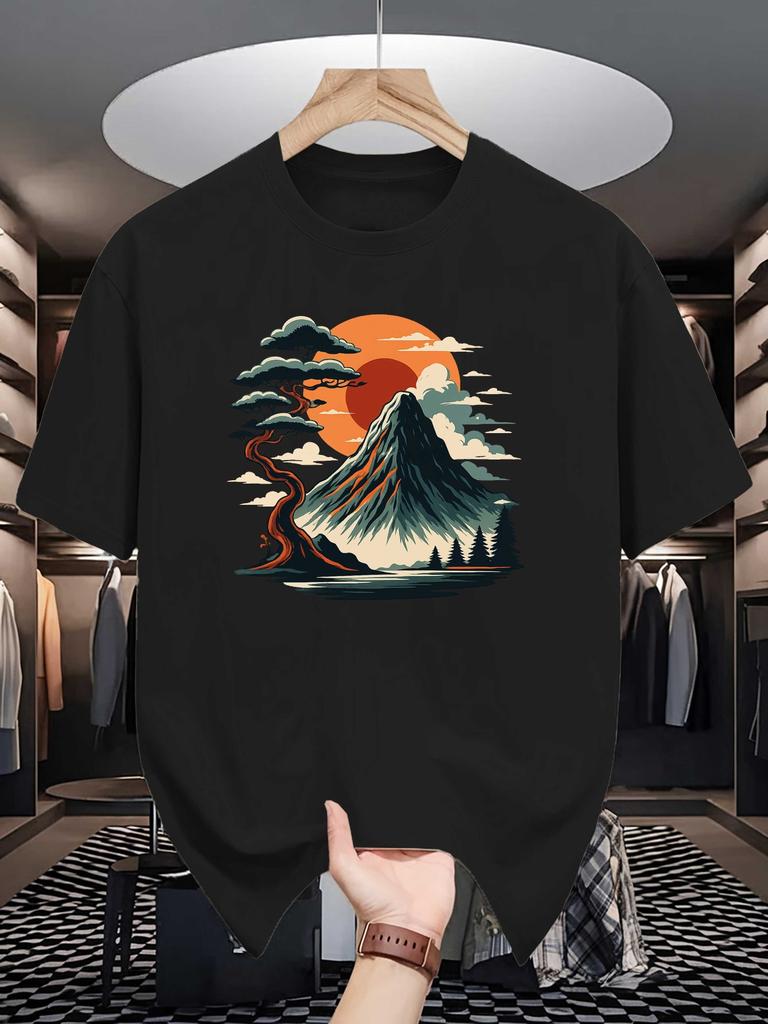 Unisex Yellow Tee Fuji Mountain Pine Sunset Landscape Graphic Print Crew Neck Short Sleeve Summer Casual Male Cotton Street Top