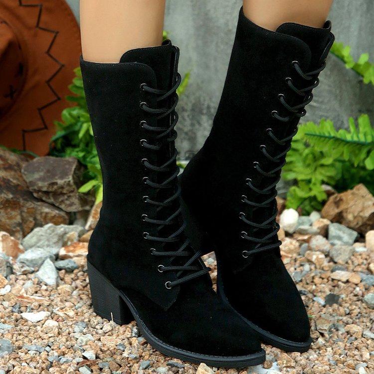 Large size suede high tube cross-strap fashion boots autumn and winter new pointed square but knee women's boots