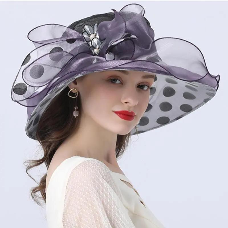 WTEMPO American Retro Wave Point Large Brimmed Sun Hats Women's Casual Sunshade Hats Fashion Pearl Mesh Hats