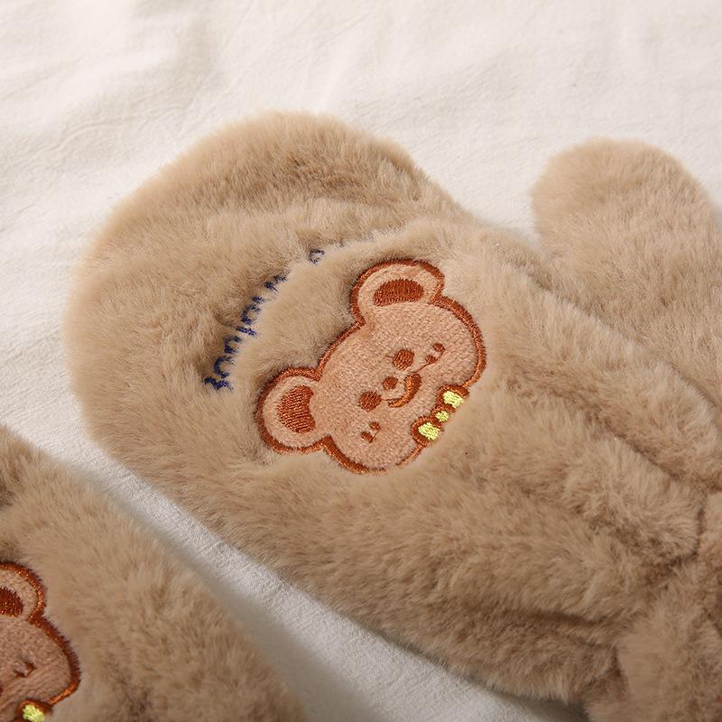 Cartoon Gloves Women's Autumn and Winter Fleece Thickened Casual Windproof Cute Tea Tea Bear Warm Plush Full Finger Hanging Neck