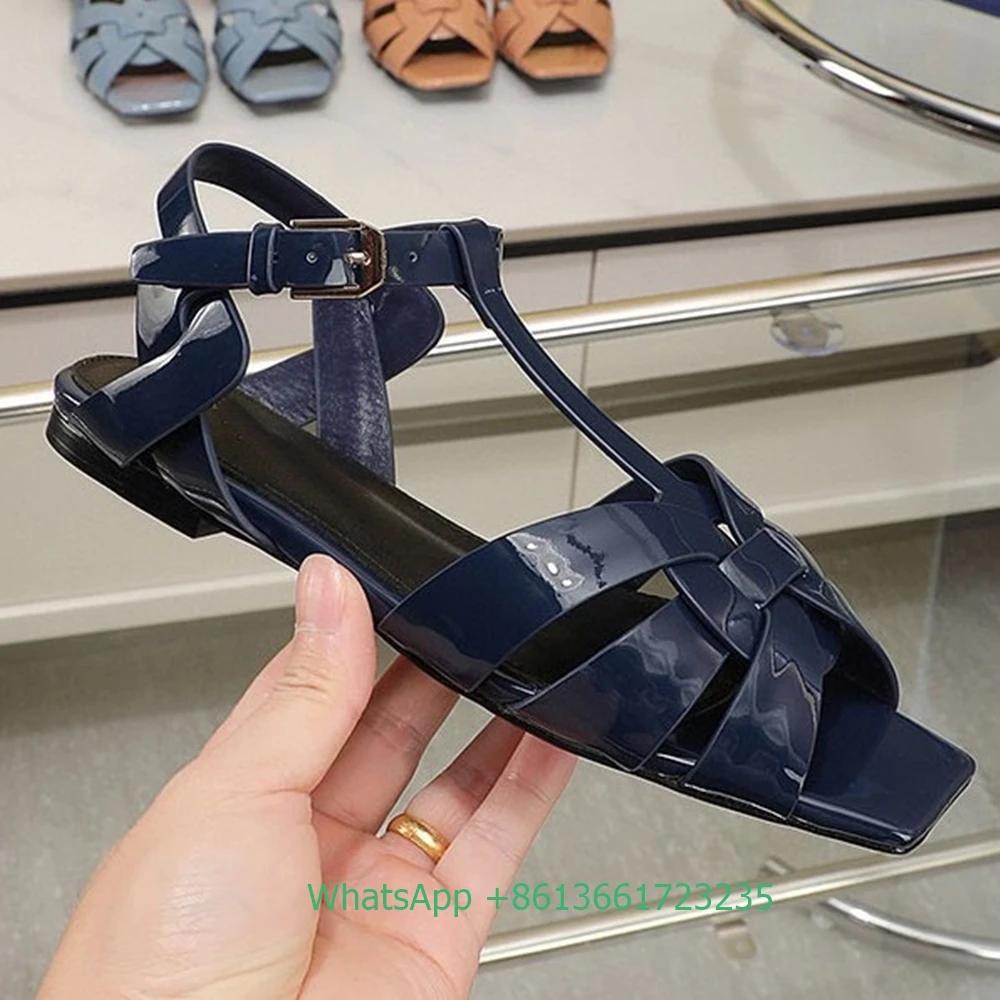 Fashion Women Cross Straps Square Toe Flat with Sandals Solid Color Open Toe Real Patent Leather Flat Sandales 2025 Newest Summer Sandal