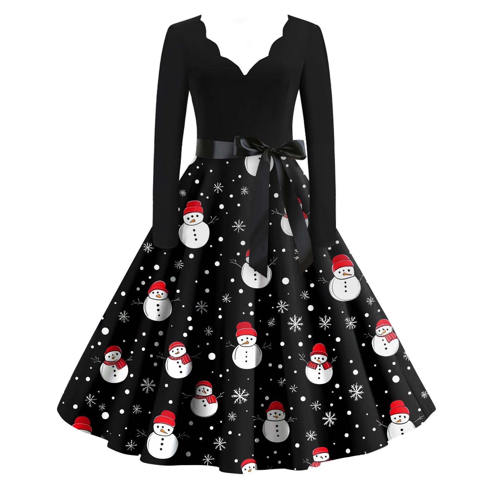 

Женские модные повседневные тонкие рождественские платья с длинным рукавом с v-образным вырезом и принтом L чёрный