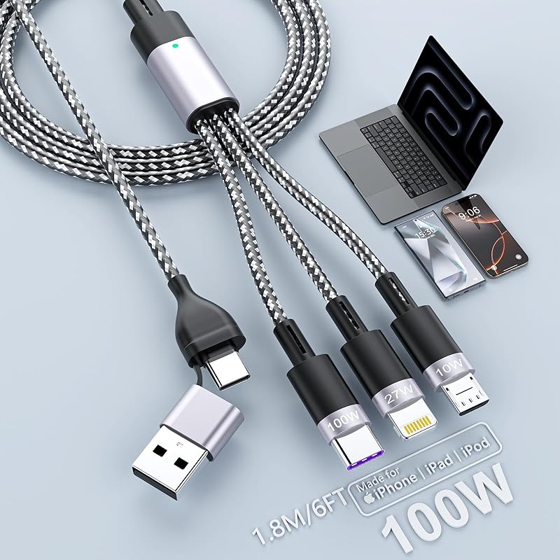 

[100W] Charging cable 3in2 100W fast charging 1.8m charging cord Ultra durable Type C Lightning Micro USB Charging 3 devices at the same time