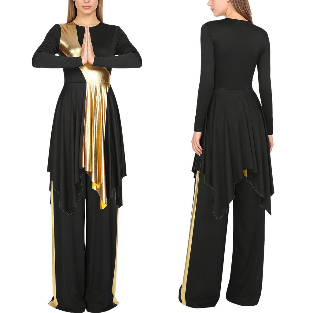 Abito da danza liturgica da donna - Abito patchwork metallizzato con pantaloni a gamba larga, orlo asimmetrico e maniche lunghe per esibizioni in chiesa