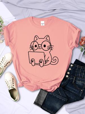 Sorgfältiges Studium von Arbeitskatzen-Skizzen Damen-T-Shirt Persönlichkeit Trend Lässiges T-Shirt Kleidung Straße Kreative Oberteile Weiblich Kurzarm