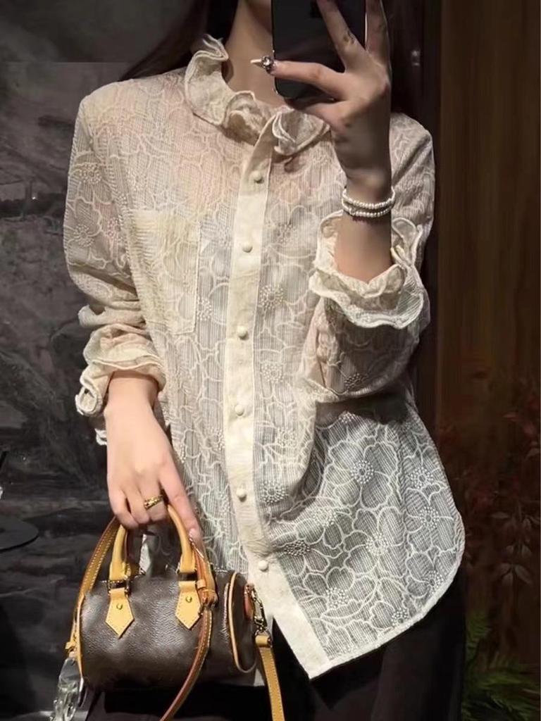 Apricot Lace Round Neck High-End Shirt 2025 Autumn/Winter Breathable Fashion Top
