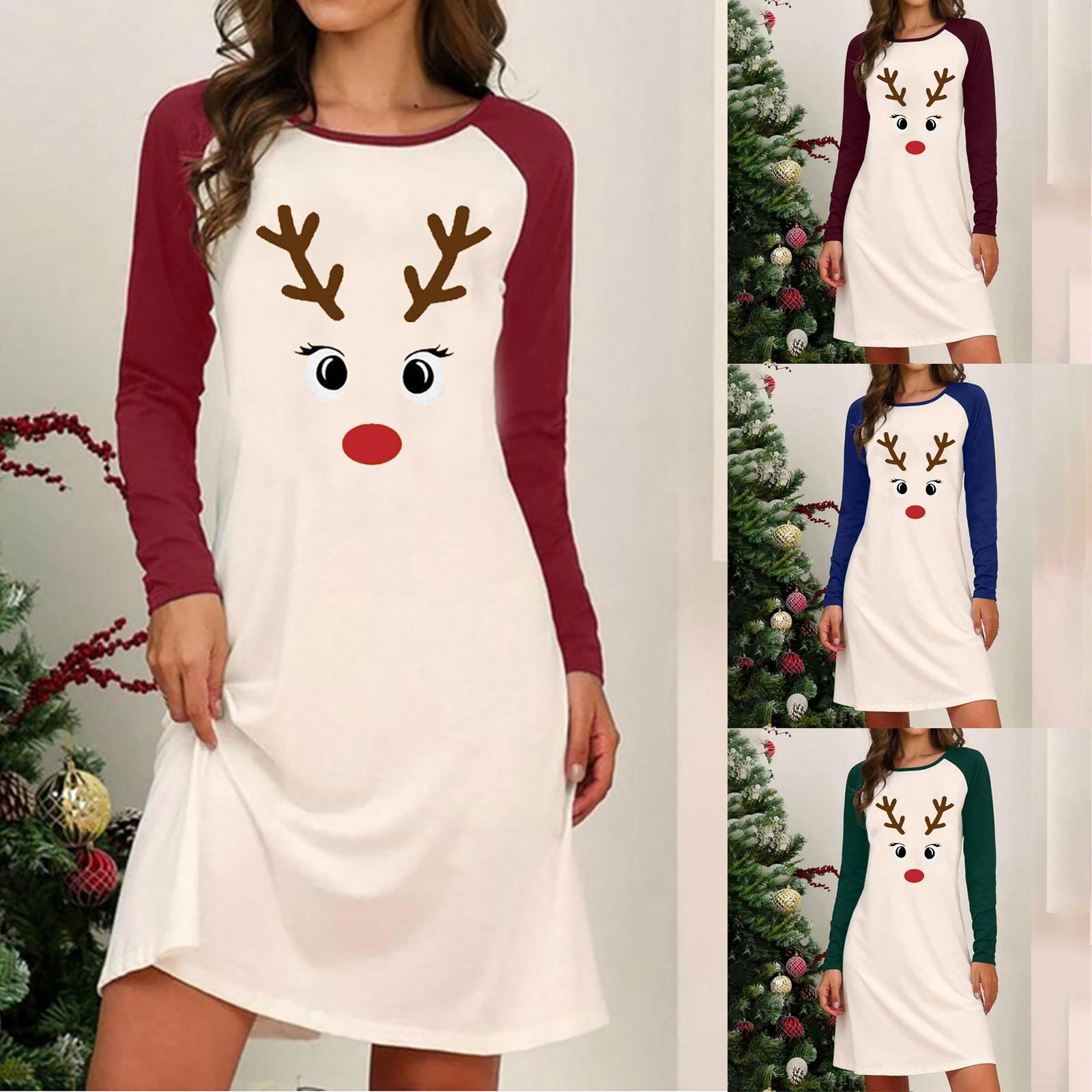 

Women Fashion Casual Stitching Christmas Antlers Print Long-sleeved A-line Dress