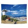 Greek Windmill Town Sea View Tapestry, Aegean Sea Photography Wall Hanging for Bedroom Living Room Decor