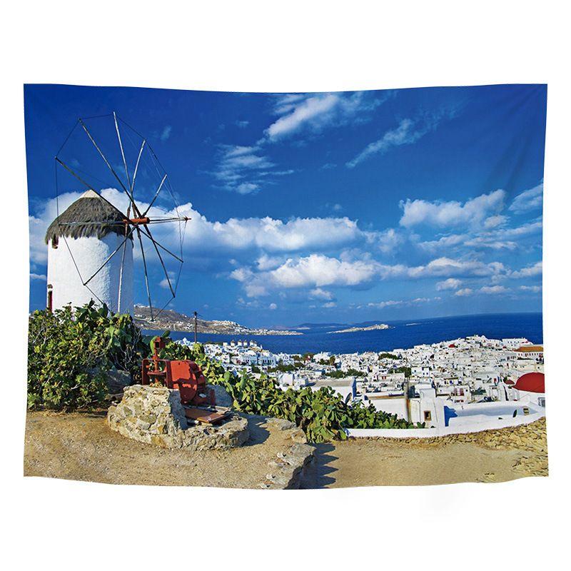 Greek Windmill Town Sea View Tapestry, Aegean Sea Photography Wall Hanging for Bedroom Living Room Decor