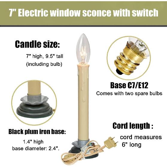 SUNSGNE Set of 4 Electric Window Candles, 7 Inch Plug in Window Candle Lamps with 7 Watt C26 Bulbs, Electric Candles with Black Wood Plum Iron Base,