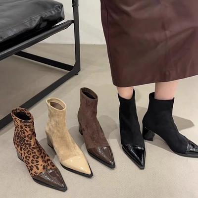 Vintage Dicke Absätze Spitzschuhe Damen Stiefeletten Herbst Winter Damenschuhe Elegant Schlupf Stiefelchen
