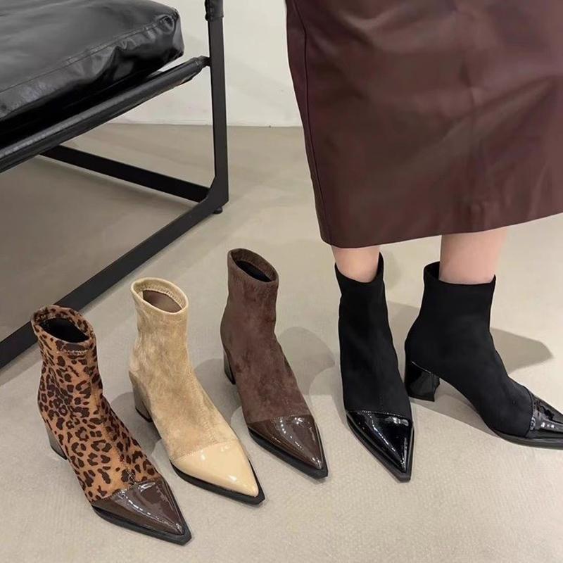 Fashion Vintage Thick Heel Pointed Toe Women Ankle Boots Autumn Winter Ladies Shoes Elegant Slip On Slim Short Booties