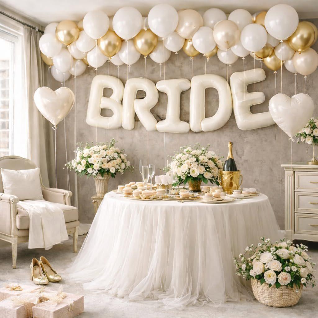 Globo de Letra Blanco BRIDE Corazón y Globos de Látex Dorados Metálicos Set Bachelorette Fiesta Preboda Decoraciones
