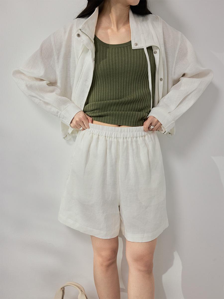 Shi Jian 100% Linen Elastic Waist Shorts - Cool, Loose-Fit Casual Spring Pants Free Size