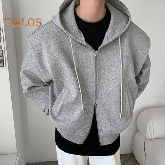 Men Sweatshirt Hooded Drawstring Long Sleeve Zipper Placket Sport Coat with Pockets Solid Color Loose Fit Casual Outwear