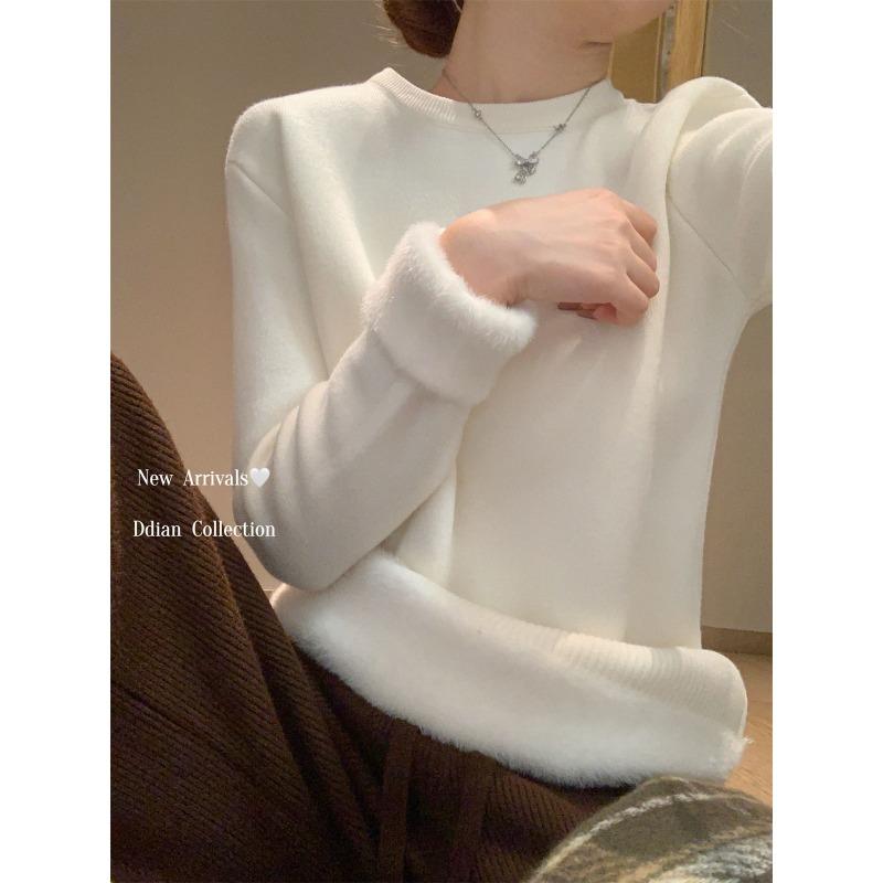 Autumn and Winter Fleece Thickened Sweater Women's Soft Waxy Warm Inner Long-sleeved Integrated Fleece Bottoming Shirt Basic Knitted Top