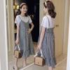 Plus Size Korean Plaid Maternity Dress - Short Sleeve, Loose Fit, Round Neck, Two-Piece Look
