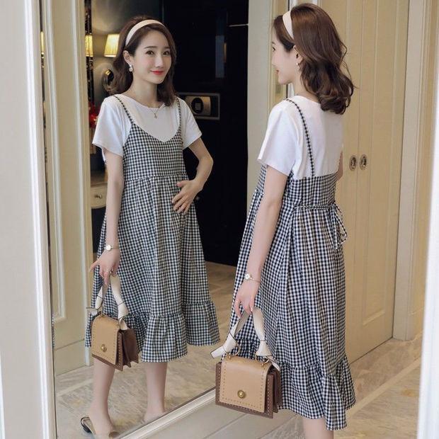Plus Size Korean Plaid Maternity Dress - Short Sleeve, Loose Fit, Round Neck, Two-Piece Look