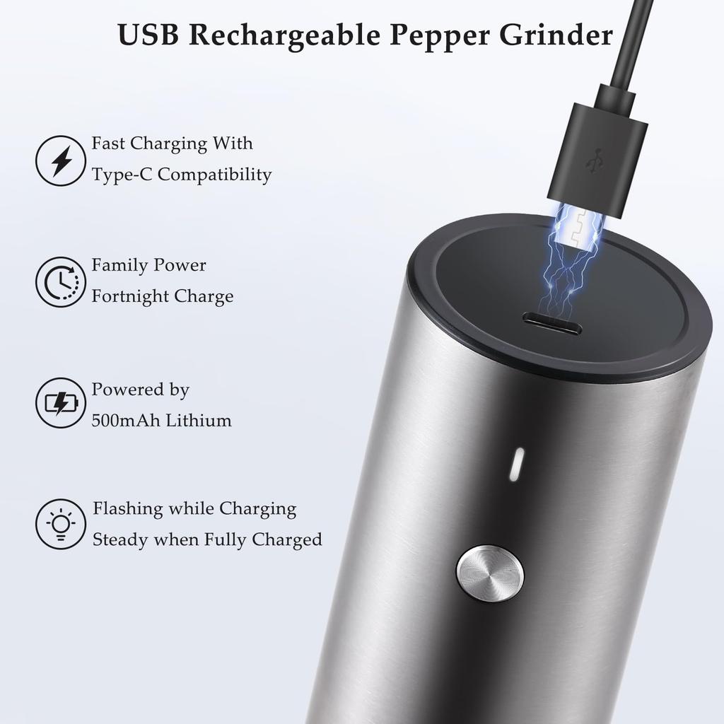 Electric Pepper Mill, USB Rechargeable Automatic Salt and Pepper Grinder - Adjustable Coarseness, LED Light, Refillable (Set of 2, Stainless Steel)