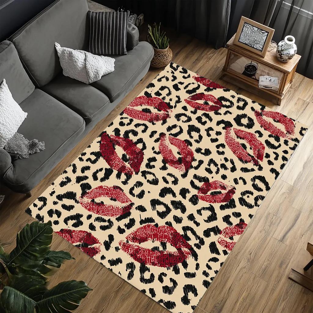 Striped Checkered Carpet Leopard Checkered Red Lip Foyer Carpet Nordic Style Bedroom Warm Decoration Rug Valentine's Day Gift
