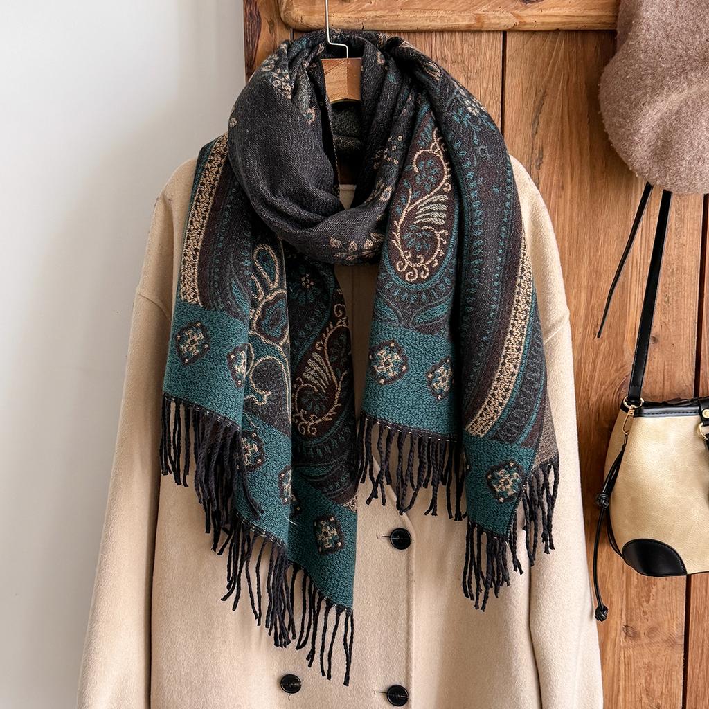 Fashion Women'S Winter Cashmere Shawl - Vintage Floral Printed Tasseled Oil Painting Style Pashmina Thick Wrap & Echarpe