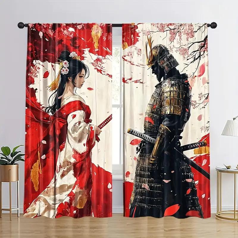 2pcs Japanese Samurai Geisha Printed Curtains, Designed for Light Filtering, Quality Material, Ideal for Japanese-Style Home Win