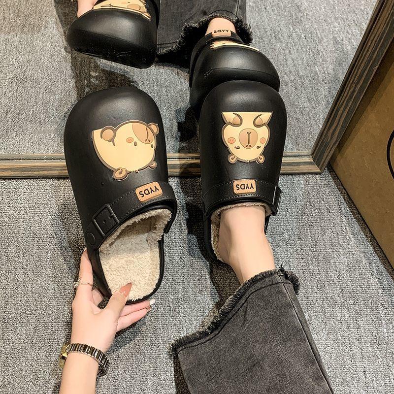 Cute cartoon velvet thick-soled women's cotton slippers 2025 autumn and winter new outer wear two wear bag head and half slippers women