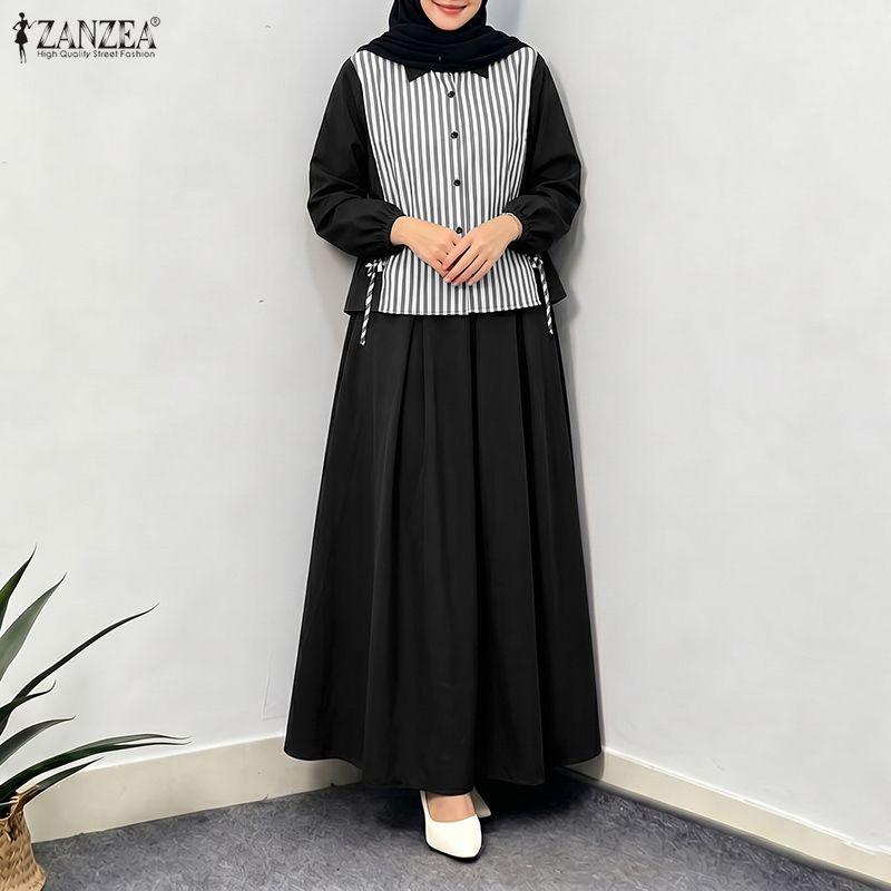 ZANZEA Women Long Sleeve Stripe Blouse and Long Skirts Casual Two Piece Sets