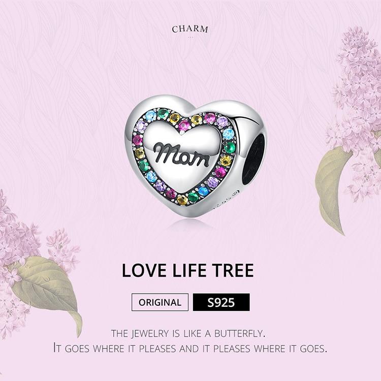 Bamoer Rainbow Zircon Heart-Shaped Charm 925 Sterling Silver Love Life Tree Beads Fit for Women Bracelet or Bangle Fine Jewelry