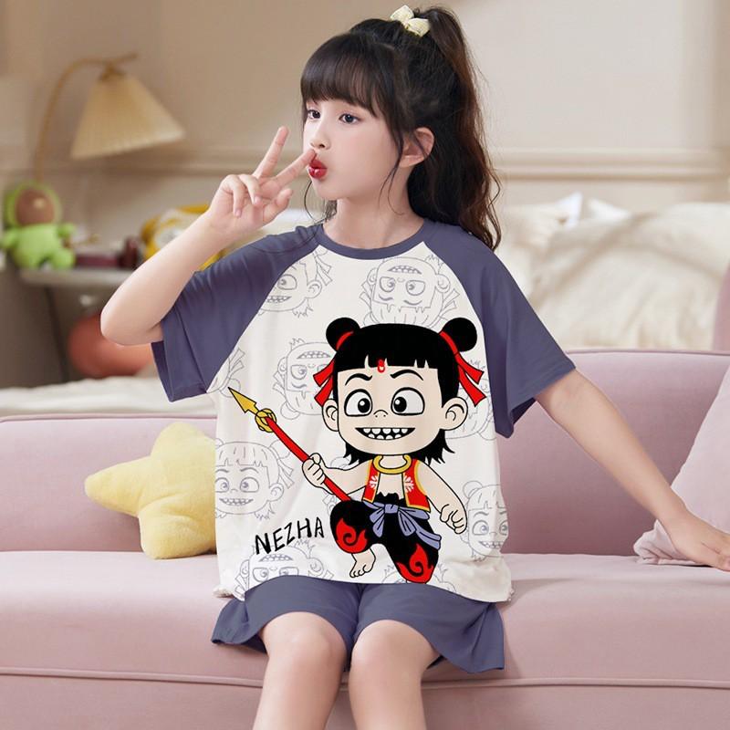 Girls Modal Cotton Pajama Set Short Sleeve Lightweight Sleepwear Cartoon Print Home Outfit Kids