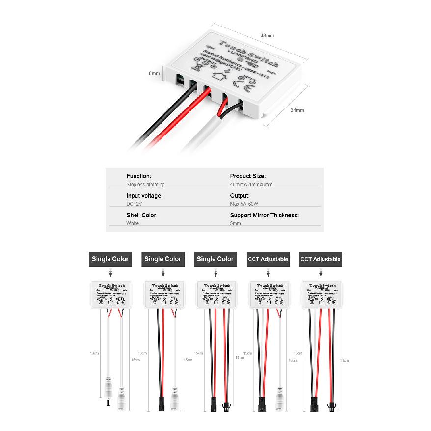 12V 5A LED Dimmer Switch Capacitive CCT Adjustable Touch Sensor Switch For Bathroom Mirror Light Backlight Decoration