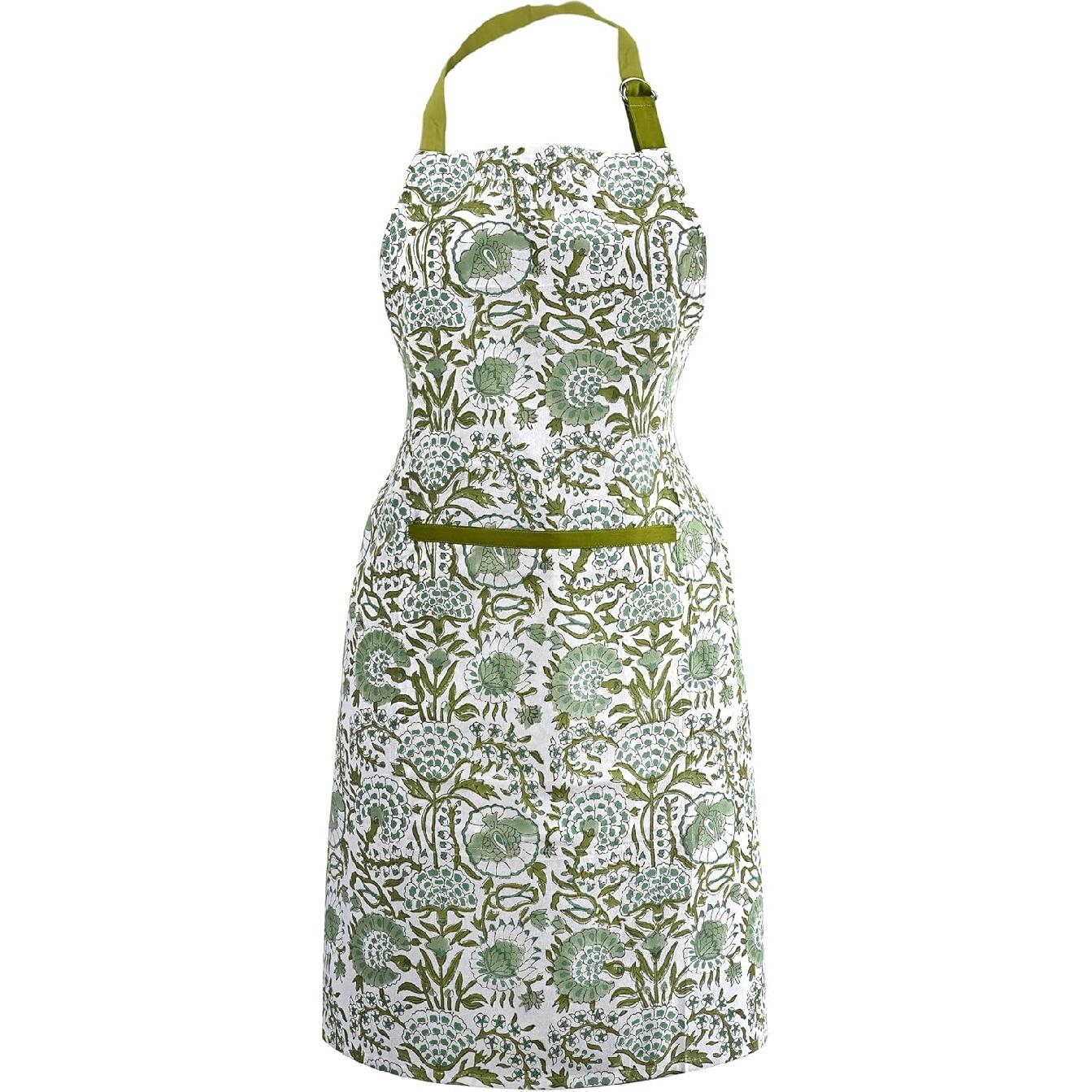 CPC Cotton Floral Kitchen Apron for women with Pocket and Adjustable Neck Ties. Apron for Women Men Chef-Hand Block Printed Agate Green