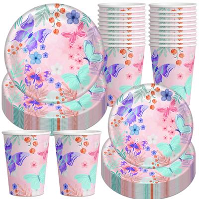 Spring Children'S Girl Birthday Party Decoration Butterfly Theme Paper Cup Paper Plate Knife Fork Spoon Set