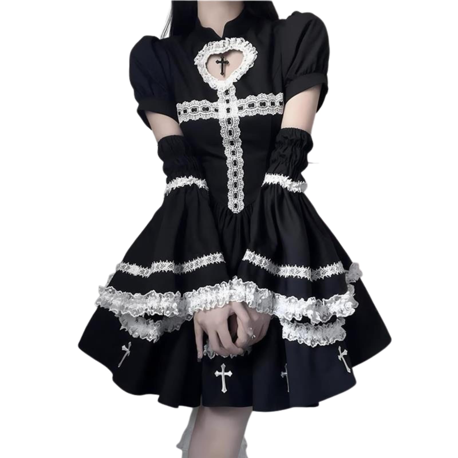 

ADOSSY Готическое платье Лолиты и нарукавники Черный с крестом Болезненно милый Лолита Косплей x Комплект, Дизайн, (Черный Белый, L)