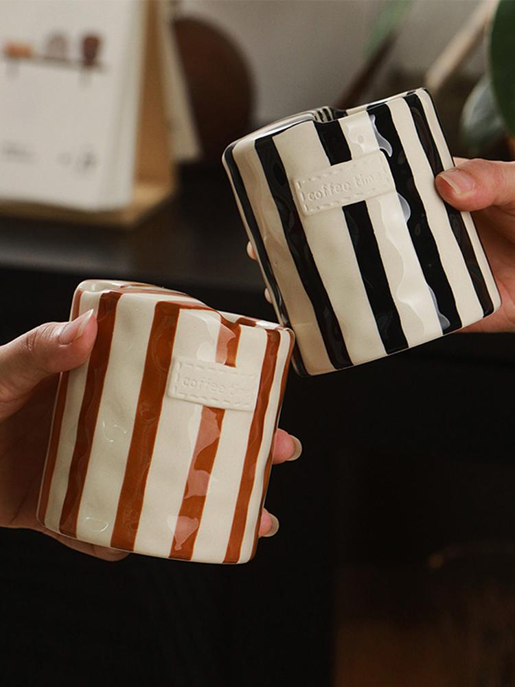 Hand-Painted Retro Striped Ceramic Coffee Mug Latte Mug for Milk Coffee Juice Latte Hot Cold Drinks Christmas Gift Drinkware
